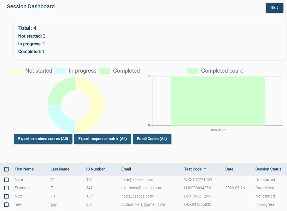 Session dashboard in assess.ai