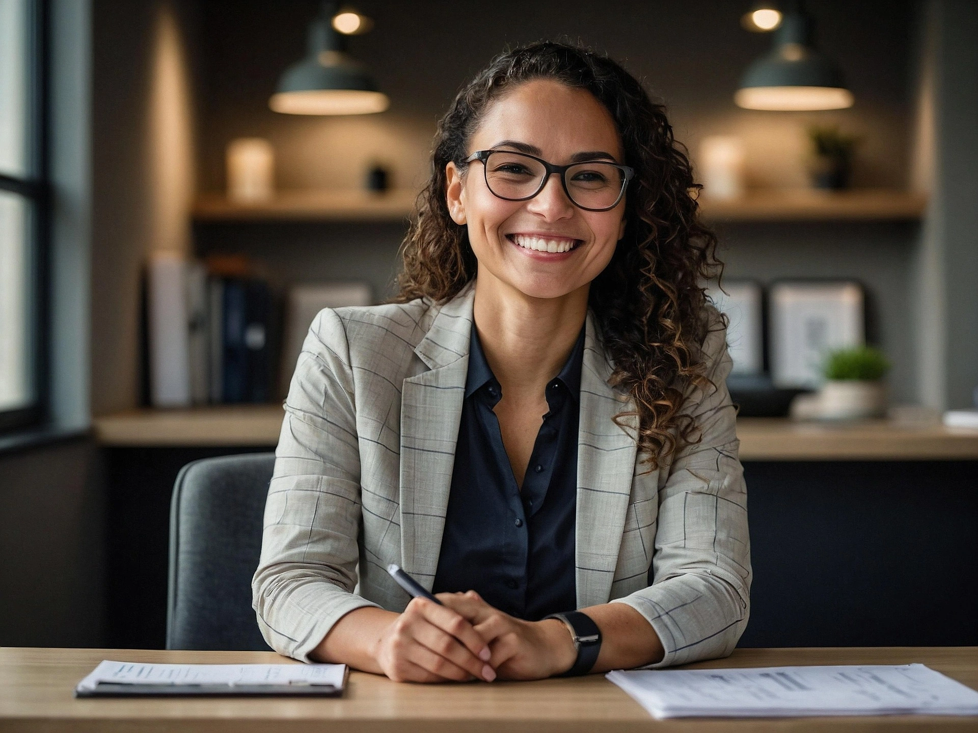 Woman at desk smiling 1